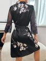 Floral Print Contrast Lace Belted Satin Robe