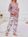 Maternity Contrast Color Round Neck Top And Flower Pattern Pants Pajama Set