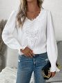 SHEIN Frenchy Solid Color Lace Patchwork Ruffle Sleeve Blouse