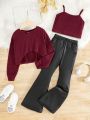 SHEIN Kids HYPEME Tween Girl Solid Cami Top & Flare Leg Pants & High Low Hem Tee