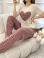 Women's Love & Letter Print Short Sleeve Top And Long Pants Pajama Set