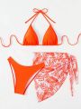 Women'S Plant Pattern Halter Neck Bikini Set