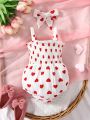 Baby Heart Print Frill Trim Shirred Cami Bodysuit With Headband