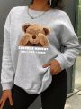 Plus Size Women's Oversized Bear Slogan Printed Long Sleeve Round Neck Sweatshirt