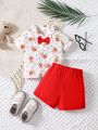 SHEIN 2pcs/Set Baby Boys' Casual Cute Bear Pattern Printed Short Sleeve Shirt And Shorts Spring/Summer Outfits