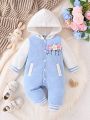 Knit Flower Decorated Hooded Jumpsuit For Infants