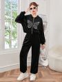 Teen Girls' Knitted Velvet Butterfly Embellished Hoodie And Jogger Pants Set, Winter