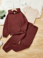 SHEIN Kids Cooltwn Big Girls' Basic Knitted Hoodie & Solid Knitted T-shirt & Knitted Joggers For Fall And Winter