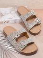 Women'S Versatile Flat Sandals With Rhinestone Embellishments