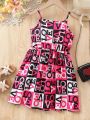 SHEIN Kids EVRYDAY Girls' Toddler Sleeveless Letter Print A-Line Dress