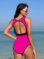 SHEIN Swim SPRTY Colorblock Mesh Insert Backless One-Piece Swimsuit