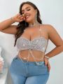 Plus Size Diamond & Fishnet & Chain Decorated Sexy Backless Halter Neck Lingerie For Wedding Season