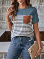 SHEIN LUNE Women's Striped Pocket Short Sleeve T-shirt