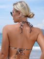SHEIN Swim Vcay Women'S Leopard Print Halter Neck Bikini Top
