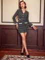 SHEIN DECDS Vintage Elegant 2pcs Plaid Tweed Jacket With Pearl Decorated Button & V-Neck Vest And High Waist Mini Skirt With Lace Hem Decoration For New Year Christmas Party