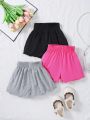 SHEIN Kids EVRYDAY Toddler Girls' 3pcs/Set Knitted Solid Loose Fit Casual Shorts Outfit