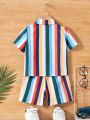 SHEIN 2pcs Baby Boys' Casual Striped & Printed Set, Suitable For Spring And Summer Outing