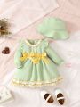 Baby Girl Ruffle Trim Flounce Sleeve Bow Front Dress & Hat