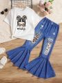 SHEIN Kids Y2Kool Girls' Sweet And Cool Everyday Outfit, Knitted Round Neck Letter Print Short Sleeve Top And Flared Pants