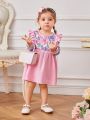 SHEIN Infant Girls' Casual & Elegant Flower Print Patchwork Dress With Ruffled Hem