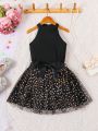 SHEIN Kids CHARMNG Toddler Girls' Halter Neck Sleeveless Top & Puffy Tutu Skirt With Glitter Stars And Sheer Mesh Princess Dress 2pcs/Set