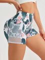 Daily&Casual Flower Print Casual Mesh Yoga Shorts With Phone Pocket