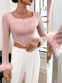 SHEIN Privé Elegant Feather Detail Slim Fit Long Sleeve T-Shirt With Square Neckline For New Year