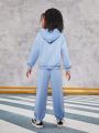 SHEIN Kids Cooltwn Tween Girls' Street Style Knitted Loose Hoodie And Sweatpants Set With Letter Print