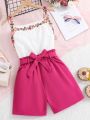 SHEIN Kids CHARMNG Tween Girls' Fresh And Lovely Embroidery Pleated Color Block Shirt With Eye-Catching Color High Waisted Shorts For Spring/Summer
