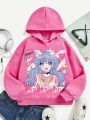 Tween Girl Cartoon Graphic Drop Shoulder Hoodie