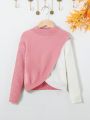 SHEIN Kids Cooltwn Tween Girl Color Block Mock Neck Wrap Sweater