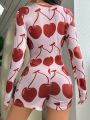 Women's Cherry Printed Button-up Pajama Romper