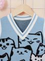 SHEIN Girls' Casual V-Neck Cat Pattern Sleeveless Sweater For Toddler Girls