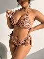 SHEIN Swim Vcay Plus Size Women'S Leopard Printed Halter Neck Separated Bikini Set