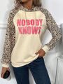 SHEIN LUNE Leopard & Text Pattern Drawstring Hoodie