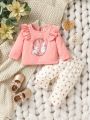 SHEIN Baby Girl Rabbit & Floral Print Ruffle Trim Tee & Pants