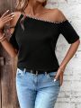 Solid Color Asymmetrical Off Shoulder T-Shirt With Rhinestone Decor