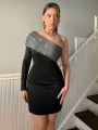SHEIN Privé Women'S One Shoulder Long Sleeve Slim Fit Glitter Bodycon Dress