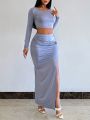 SHEIN SXY Women's Round Neck Long Sleeve T-shirt And Pleated Split Hem Midi Skirt Two Piece Set