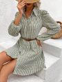SHEIN Frenchy Women'S Striped Button Down Lantern Sleeve Midi Dress