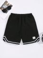 SHEIN Boys' Casual Patchwork Drawstring Waist Knitted Shorts With Text Detail, Streetwear Style