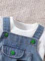 Baby Girl Plain Top With Heart Print Denim Overalls Set