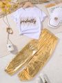 Tween Girl Letter Graphic Tee & Metallic Pants