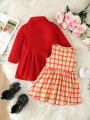 Baby Girls' Woolen Coat Twill Skirt Set, Elegant & Cute Plaid Pink 2pcs