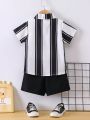 SHEIN Toddler Boys' Striped Short Sleeve Shirt And Shorts Set