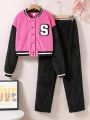 Teen Girl Letter Patched Striped Trim Drop Shoulder Teddy Jacket & Pants