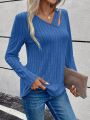 Solid Color Ribbed Knit Asymmetrical Neck Hollow Out T-Shirt