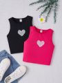 SHEIN Kids QTFun Girls' Knitted Solid Color Heart Pattern Casual Tank Top 2pcs/set