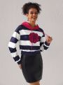 Gincko Women'S Color Block Striped, Floral And Letter Print Drawstring Hooded Cropped Sweatshirt