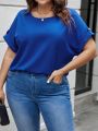 SHEIN LUNE Plus Size Round Neck Rolled Cuff Casual Shirt